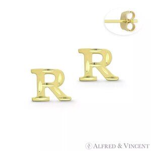 Initial Letter "R" Stud Earrings with Push-Back Posts in 14k Yellow Gold